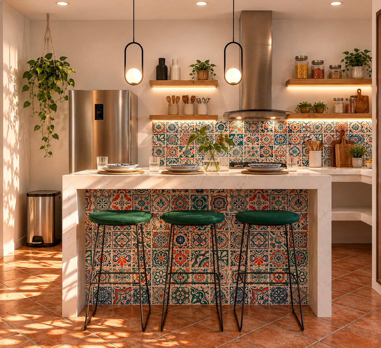 Diseño de interiores residencial — cocina con materiales artesanales a medida